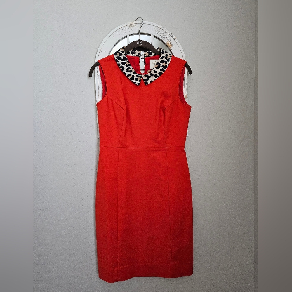 Kate Spade Rissa Fit Flare Reddish Orange Dress with leopard collar
